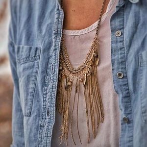 Boho beaded feather charm fringe necklace